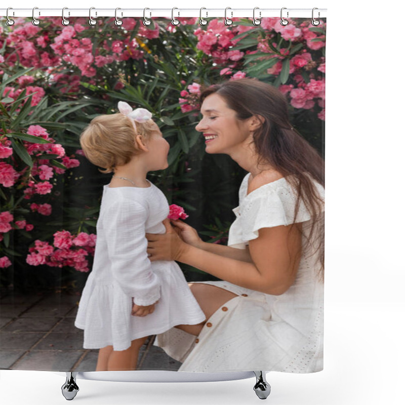 Personality  Smiling Woman Holding Flower And Touching Baby Daughter In Summer Dress In Valencia Shower Curtains