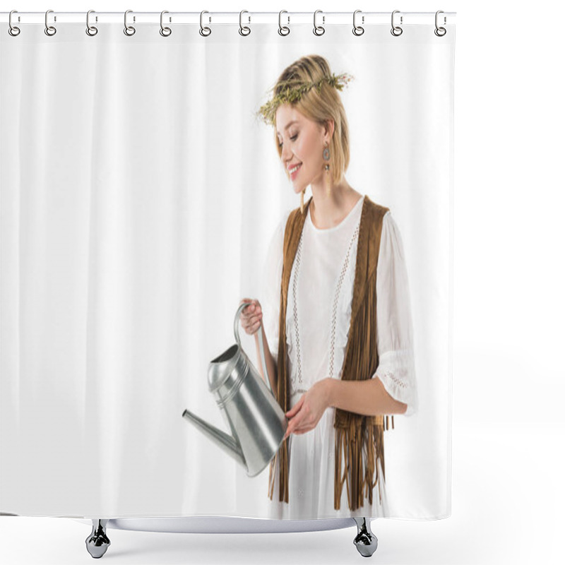 Personality  Beautiful Boho Girl Holding Watering Can Isolated On White Shower Curtains