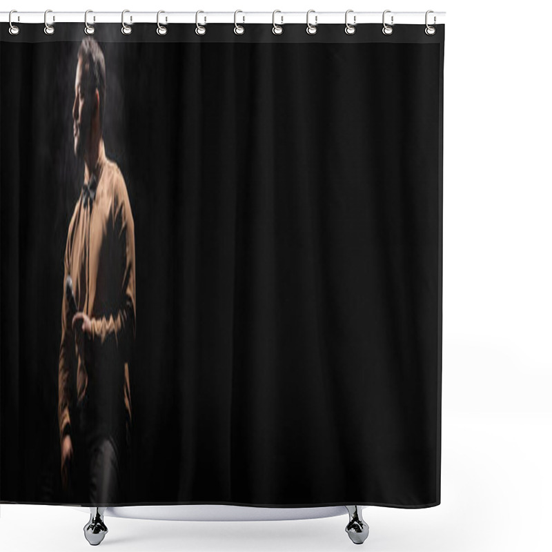 Personality  Indian Comedian Holding Microphone And Looking Away On Black With Smoke, Banner Shower Curtains