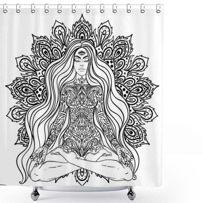 Personality  Chakra Concept. Girl Sitting In Lotus Position Over Black And White Ornate Mandala. Vector Ornate Decorative Illustration Isolated On White. Buddhism Esoteric Motifs. Coloring Book. Tattoo, Spiritual Shower Curtains