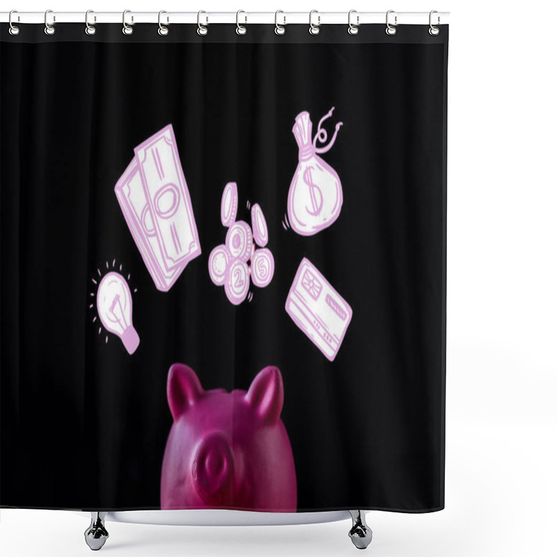 Personality  Pink Piggy Bank Near Light Bulb, Cash And Money Bag On Black  Shower Curtains