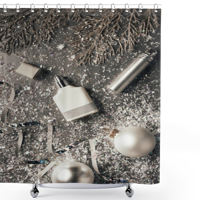 Personality  Top View Of Bottled Perfumes And Shiny Christmas Baubles On Grey Shower Curtains