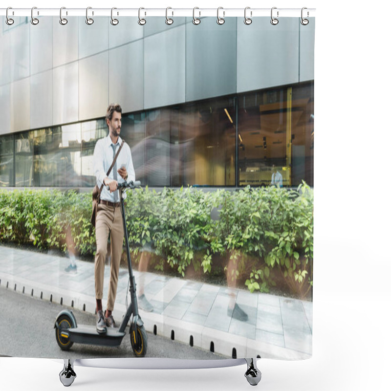 Personality  Motion Blur Of Businessman Holding Smartphone While Standing Near E-scooter, Plants And Building  Shower Curtains