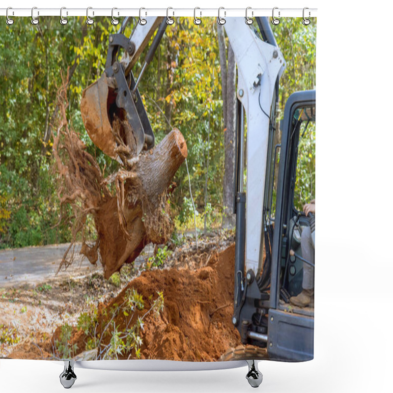 Personality  Utilizing Skid Steer Tractor To Remove Roots And Clear Land For Housing Complex Construction Shower Curtains