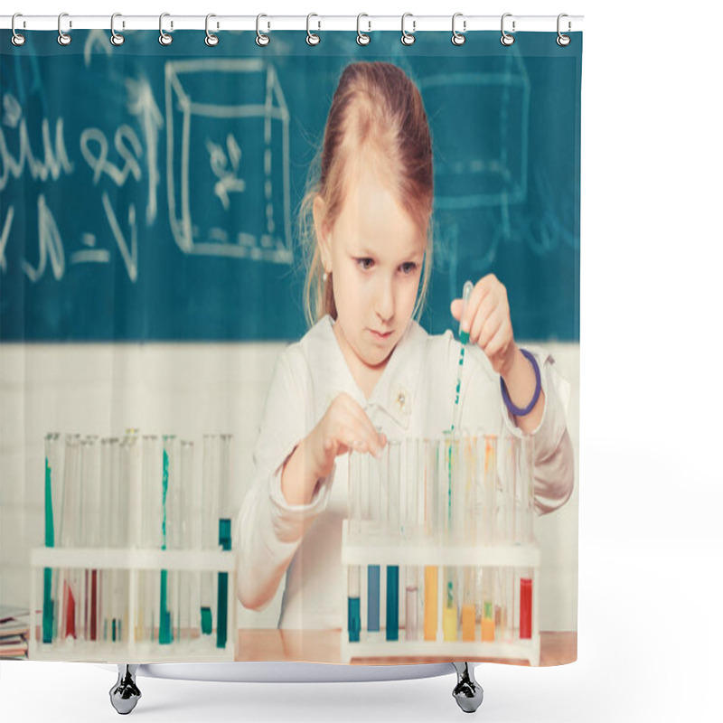 Personality  School Education. Interesting Approach To Learn. Kid Like To Experiment. Explore And Investigate. School Lesson. Girl Cute Pupil Play With Test Tubes And Colorful Liquids. School Chemical Experiment Shower Curtains