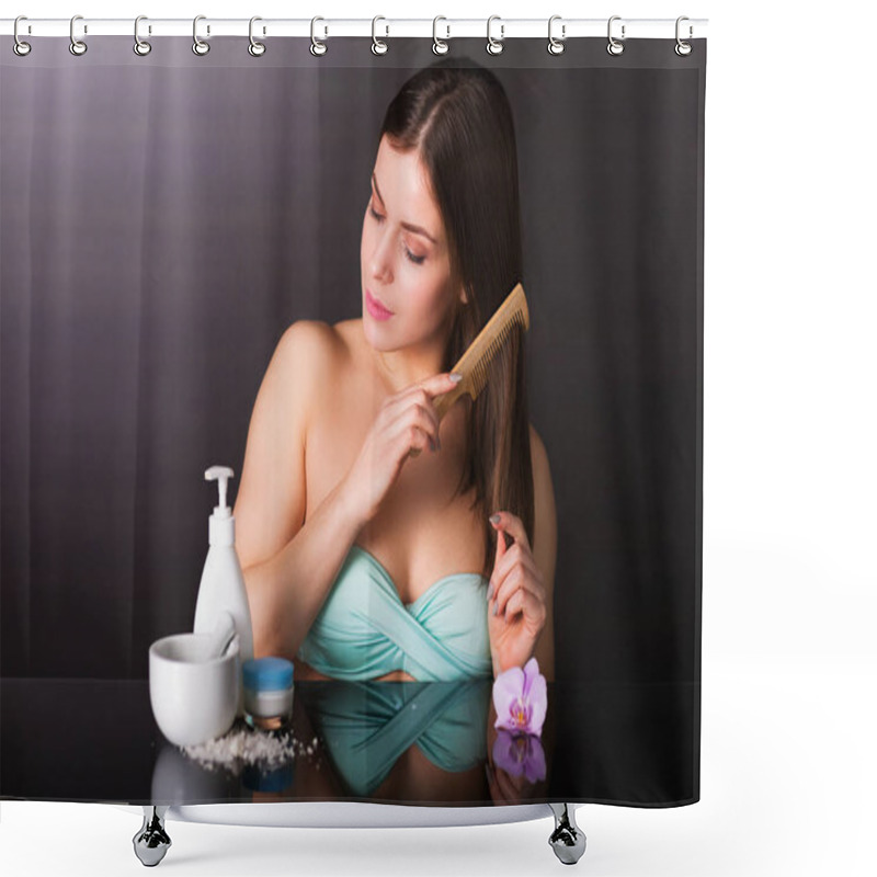 Personality  Pretty Young Woman With Cosmetics Shower Curtains