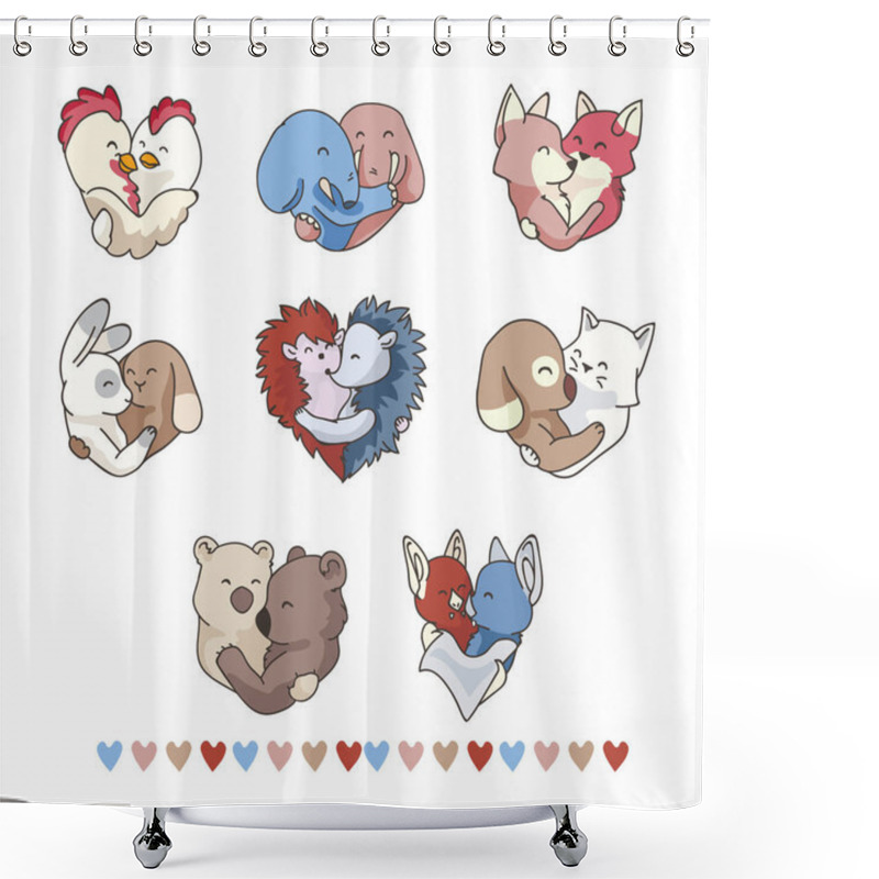 Personality  Vector Cute Animal Hug Hearts. Hand Drawn Illustration Element Motif, Isolated. 2 Animal Couples Hugging For Romantic Valentines Day, Wedding Or Love Is All You Need Background. Free Hug Concept. Shower Curtains