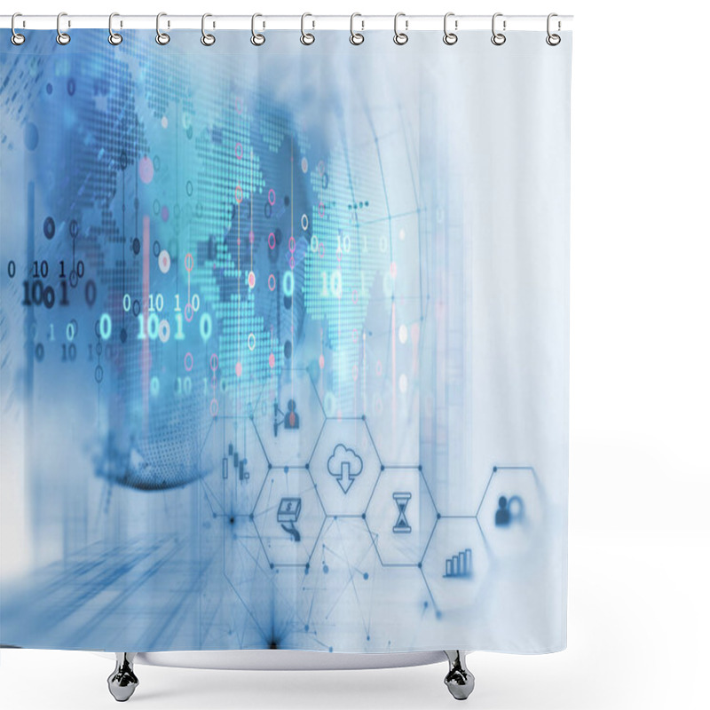 Personality  Fintech Icon  On Abstract Financial Technology Background . Shower Curtains