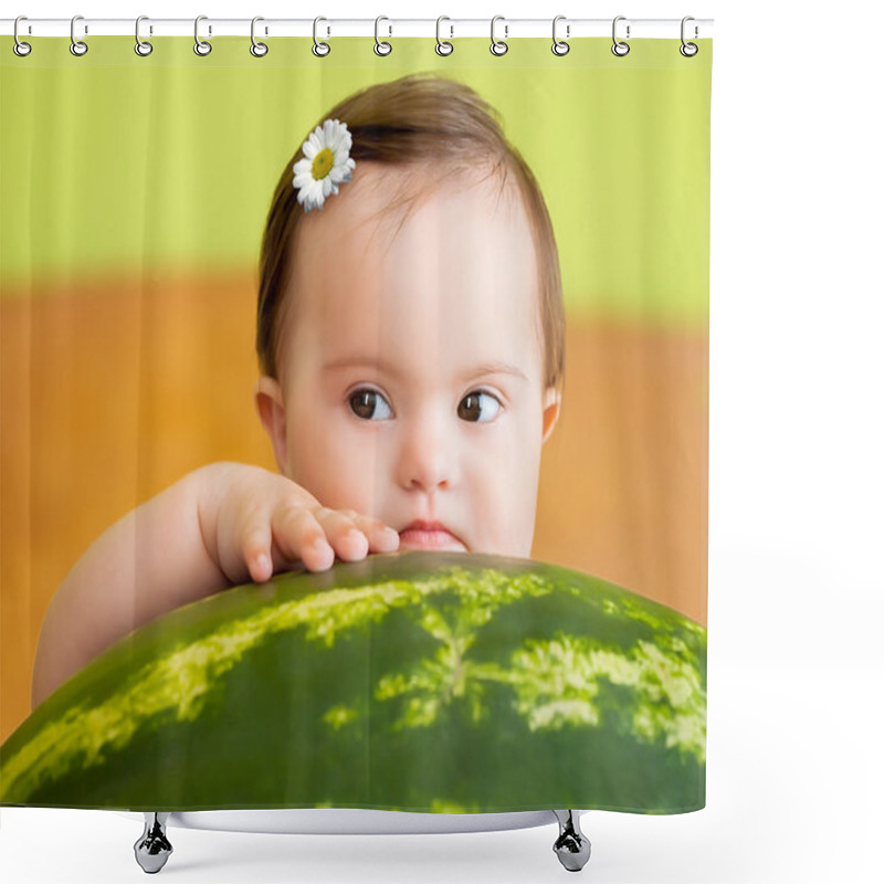 Personality  Pretty Baby Girl With Big Watermelon Shower Curtains