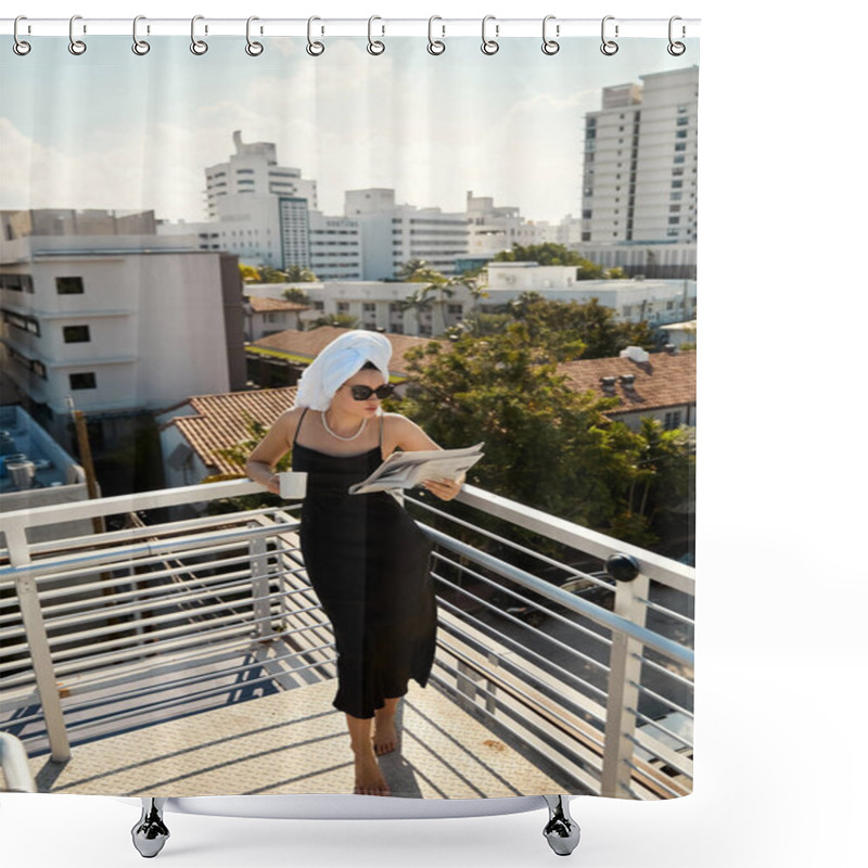 Personality  A Stylish Woman In A Black Slip Dress And Sunglasses Reads A Magazine On The Balcony Of A Villa In Miami. Shower Curtains