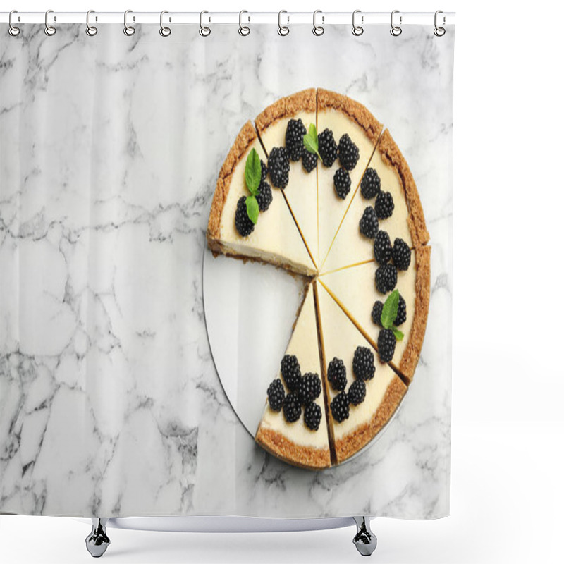 Personality  Sliced Delicious Cheesecake With Blackberries On White Marble Background, Top View. Space For Text Shower Curtains