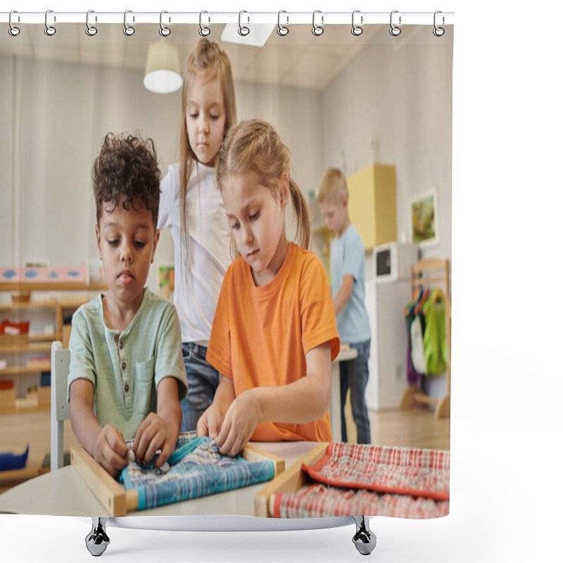 Personality  Interracial Kids Playing With Cloth And Buttons On Frame In Class Of Montessori School Shower Curtains