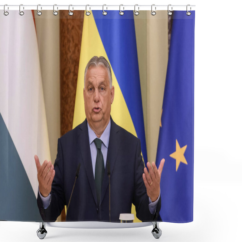 Personality  Hungarys Prime Minister Viktor Orban Is Attending A Joint News Briefing With Ukrainian President Volodymyr Zelenskiy In Kyiv, Ukraine, On July 2, 2024. High Quality Photo Shower Curtains