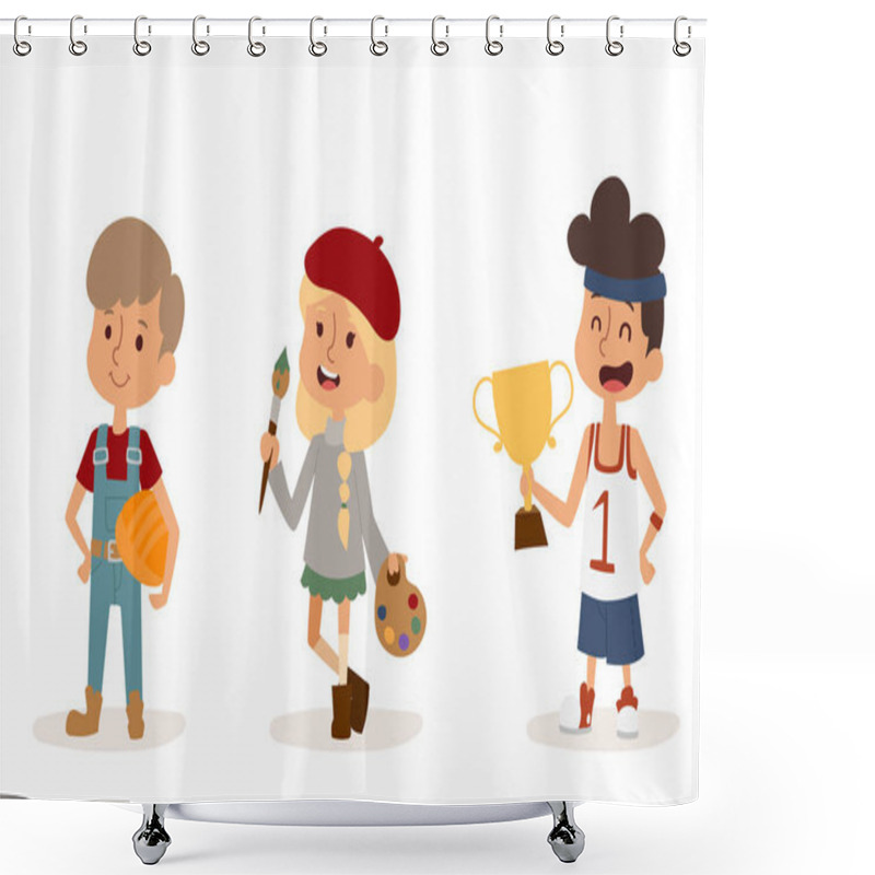 Personality  Cartoon Profession Kids Children Vector Set Illustration Person Childhood Painter Sportsman Builder Artist Uniform Worker Character Shower Curtains