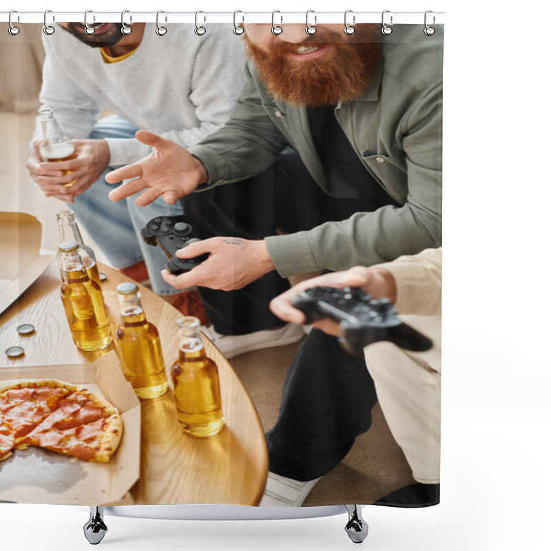 Personality  Two Men Engrossed In Video Games, While Enjoying Beer In A Casual Home Setting, Accompanied By Their Interracial Friend. Shower Curtains