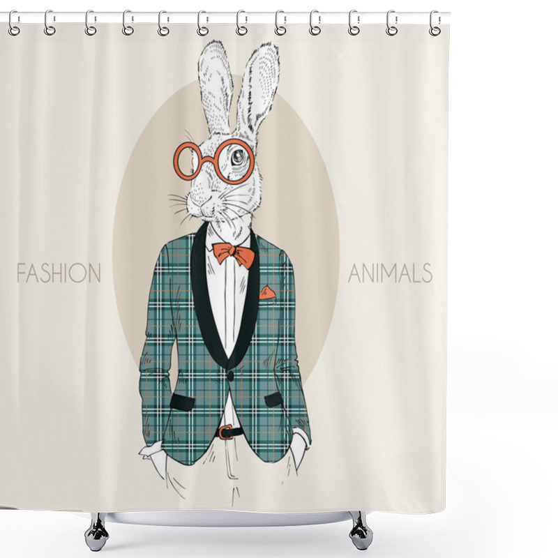 Personality  Bunny Hipster Dressed Up In Trendy Plaid Coat Shower Curtains