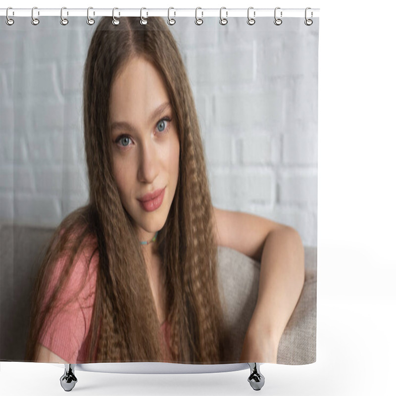 Personality  Portrait Of Pretty Teenage Girl In Casual Clothes Sitting On Couch In Modern Living Room  Shower Curtains