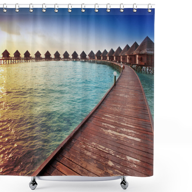 Personality  Island In Ocean, Overwater Villas At The Time Sunset. Shower Curtains