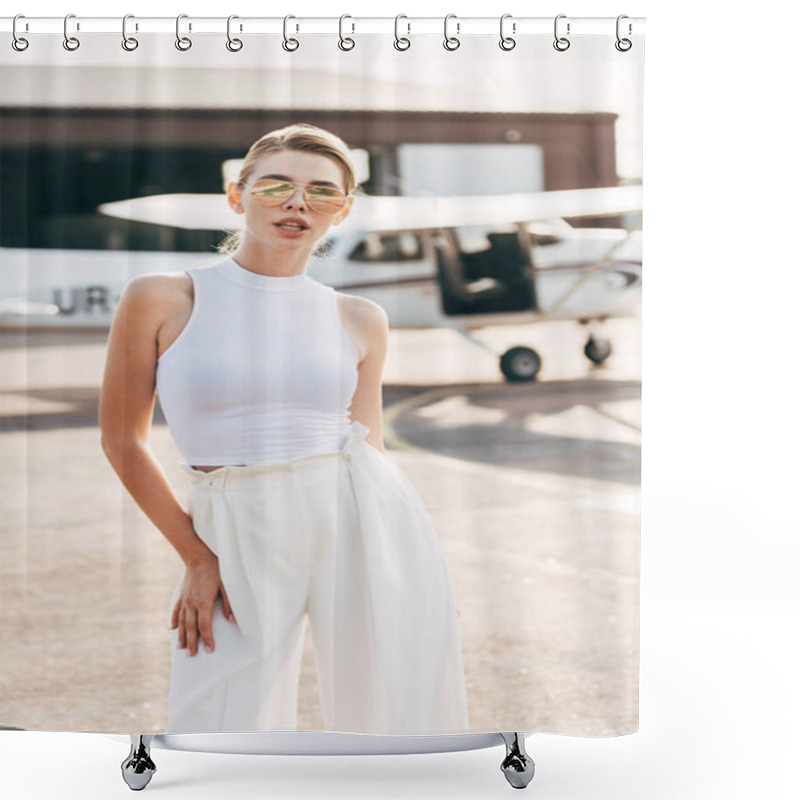 Personality  Beautiful Young Woman In Sunglasses And White Top Posing Near Airplane Shower Curtains