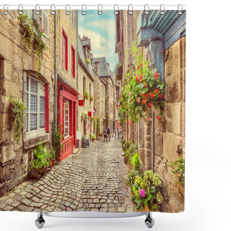 Personality  Beautiful View Of Scenic Narrow Alley With Historic Traditional Houses And Cobbled Street In An Old Town In Europe With Blue Sky And Clouds In Summer With Retro Vintage Instagram Grunge Filter Effect Shower Curtains