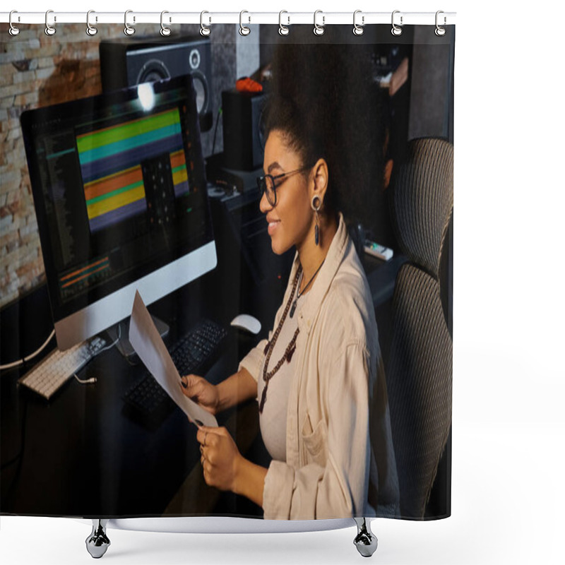 Personality  A Woman In A Recording Studio Sits In Front Of A Computer, Focusing On Mixing Music For A Band Rehearsal. Shower Curtains