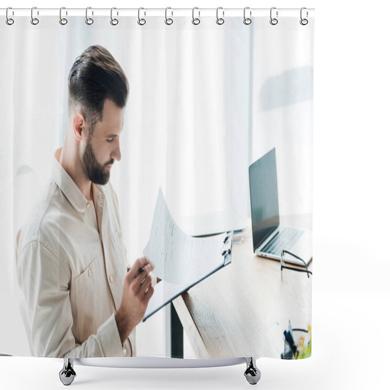 Personality  Handsome Bearded Man Looking At Paper While Holding Clipboard  Shower Curtains