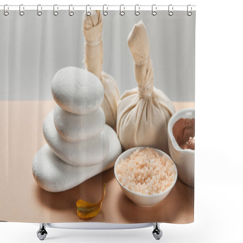 Personality  Sea Salt, Clay, Stones And Yellow Flower Petal On Beige Surface Isolated On Grey Shower Curtains