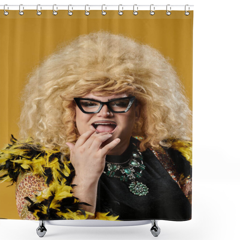 Personality  A Queer Person In A Black Top And Yellow Feathered Boa Smiles Against A Yellow Background. Shower Curtains