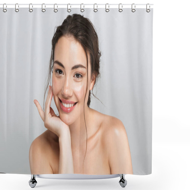 Personality  Beauty Portrait Of A Happy Young Topless Woman With Make Up Looking At Camera Isolated Over Gray Background Shower Curtains