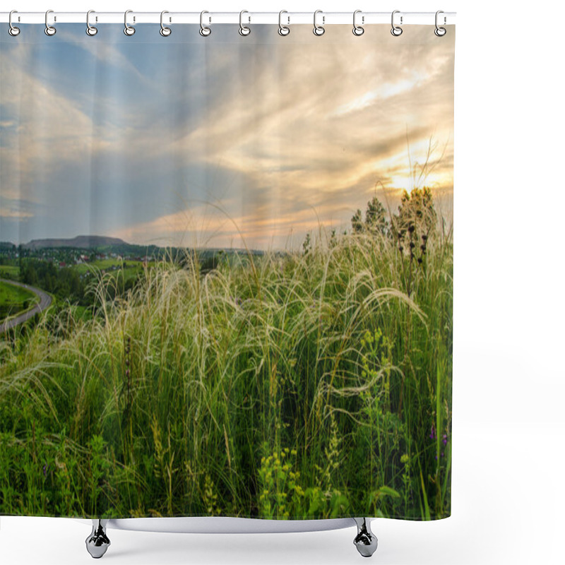 Personality  Summer Crimson Sunset. Sky Crimson. Maroon Clouds On Sunset. Green Carpet At Sunset. Shower Curtains