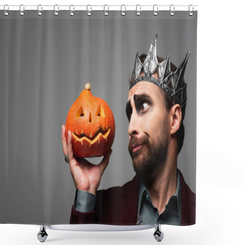 Personality  Thoughtful Man In Vampire King Halloween Crown Looking At Carved Pumpkin Isolated On Grey Shower Curtains