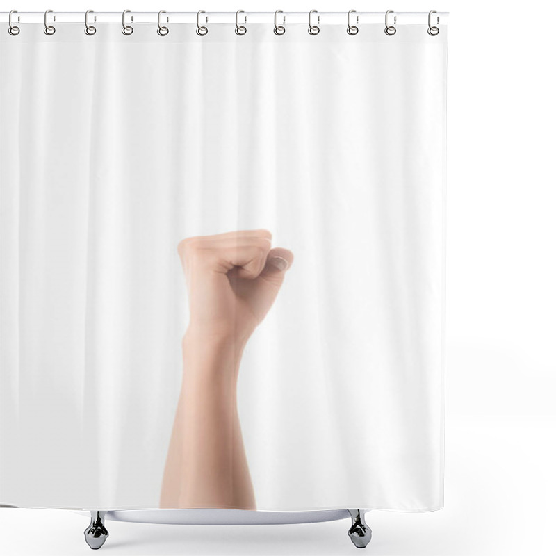 Personality  Cropped View Of Woman Showing Yes Sign In Deaf And Dumb Language Isolated On White Shower Curtains