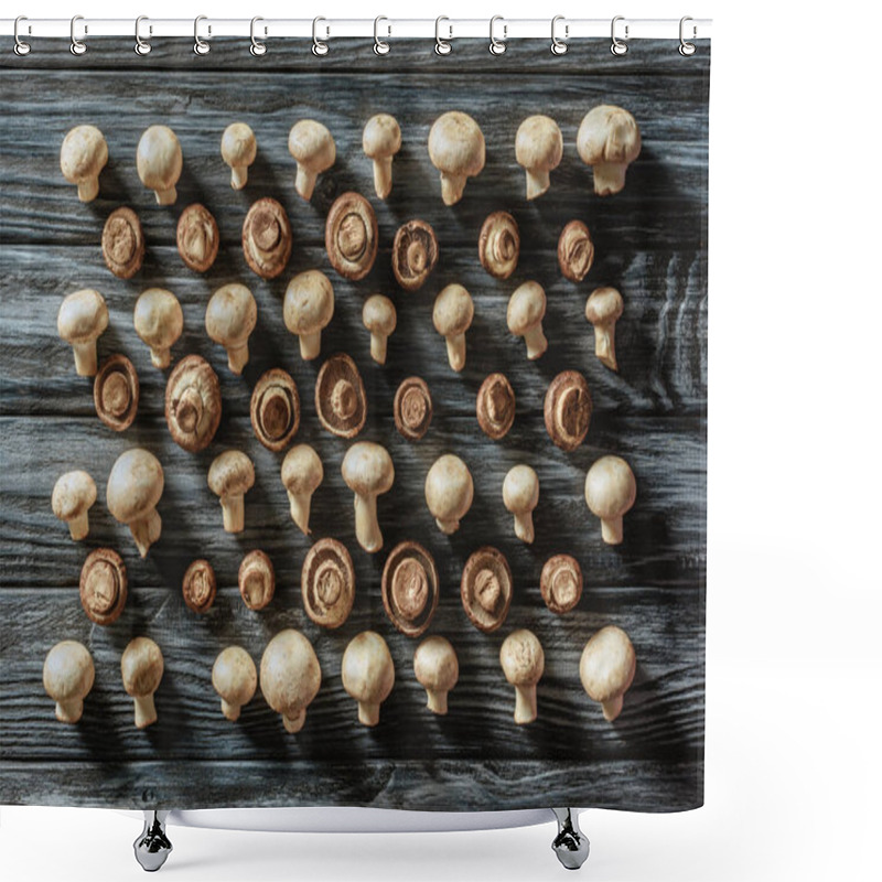 Personality  Top View Of White Raw Champignon Mushrooms In Rows On Wooden Surface Shower Curtains