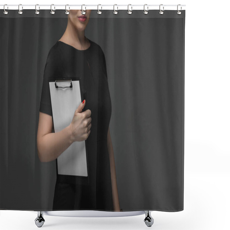 Personality  Cropped Shot Of Kazakh Businesswoman Holding Clipboard Isolated On Grey Shower Curtains