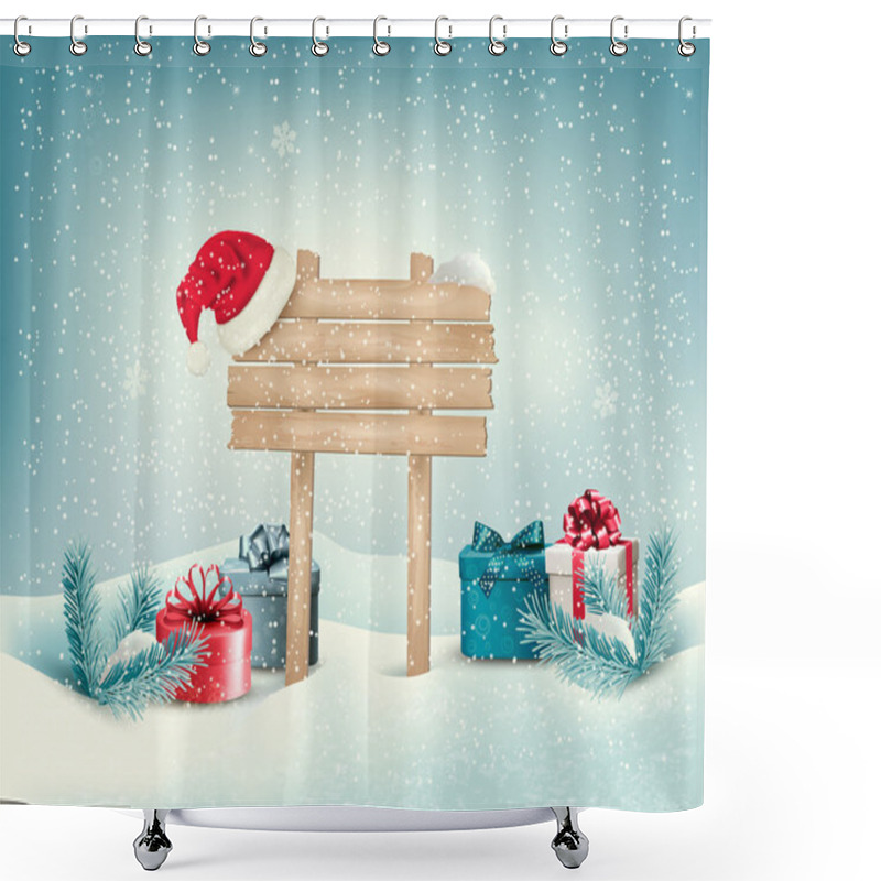 Personality  Christmas Winter Background With Presents And Wooden Board. Vect Shower Curtains