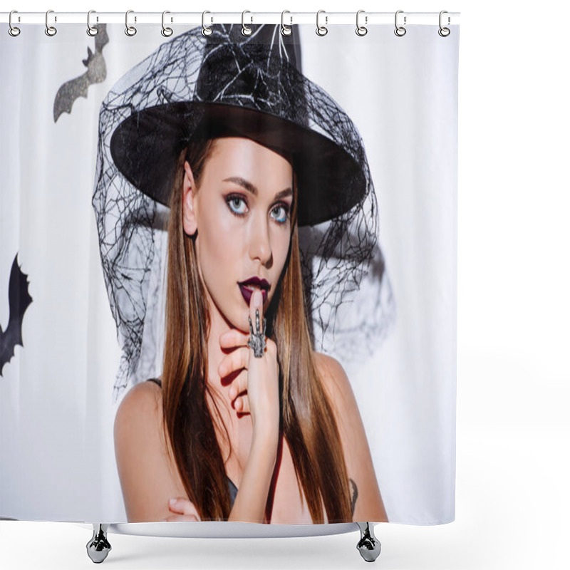 Personality  Girl In Black Witch Halloween Costume Near White Wall With Decorative Bats Shower Curtains