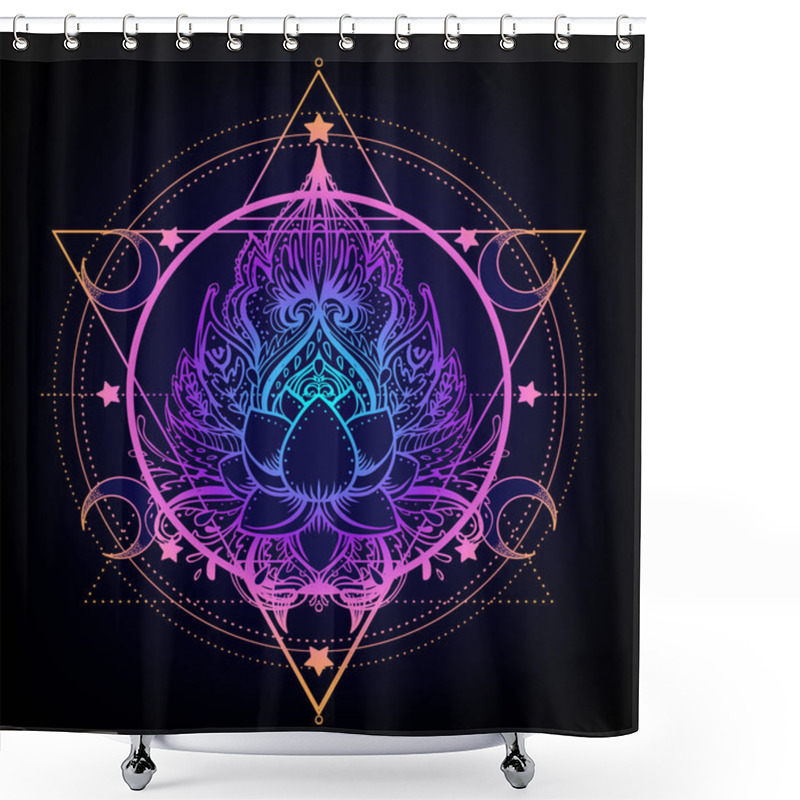 Personality  Sacred Geometry And Boo Symbol Set. Ayurveda Sign Of Harmony And Balance. Tattoo Design, Yoga Logo, T-shirt Textile. Colorful Gradient Over Black. Astrology, Esoteric, Religion. Shower Curtains