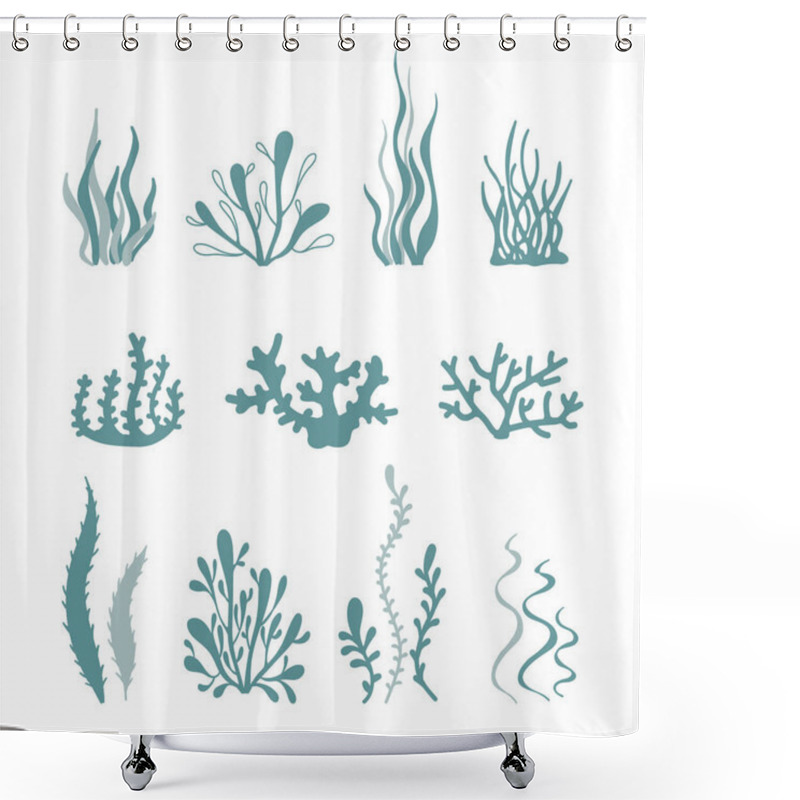 Personality  Hand Drawn Set Of Tropical Seaweed And Corals Isolated On White Background. Marine Life. Vector Illustrations Of Ocean Flora. Underwater Biodiversity. Shower Curtains