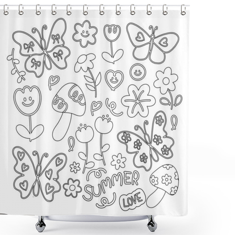 Personality  Cute Spring And Summer Outlines Of Butterfly, Flowers, Mushroom, Wood For Nature, Garden, Floral Print, Blossom, Animal, Forest, Patch, Sticker, Picnic, Park, Yard, Kid Colouring Book, Art, Painting, Colouring Page, Sketch, Tattoo, Spring, Summer Shower Curtains