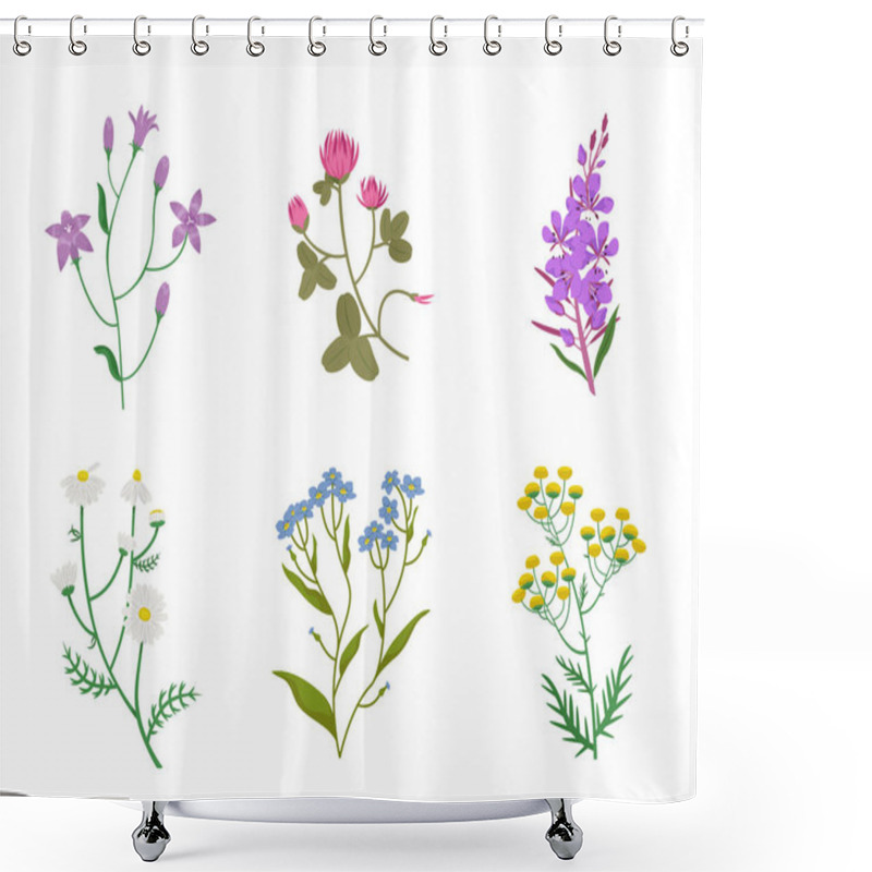 Personality  Set Of Different Wildflowers. Beautiful Flower Twigs In Cartoon Style. Shower Curtains