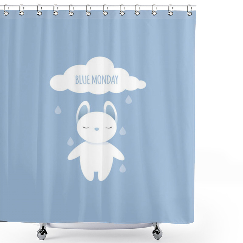 Personality  A Sad White Rabbit Under Raindrops From A Cloud Is Sad On A Blue Monday Shower Curtains