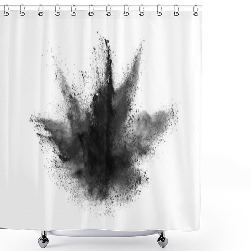 Personality  Particles Of Charcoal On White Background,abstract Powder Splatted On White Background,Freeze Motion Of Black Powder Exploding Or Throwing Black Powder. Shower Curtains