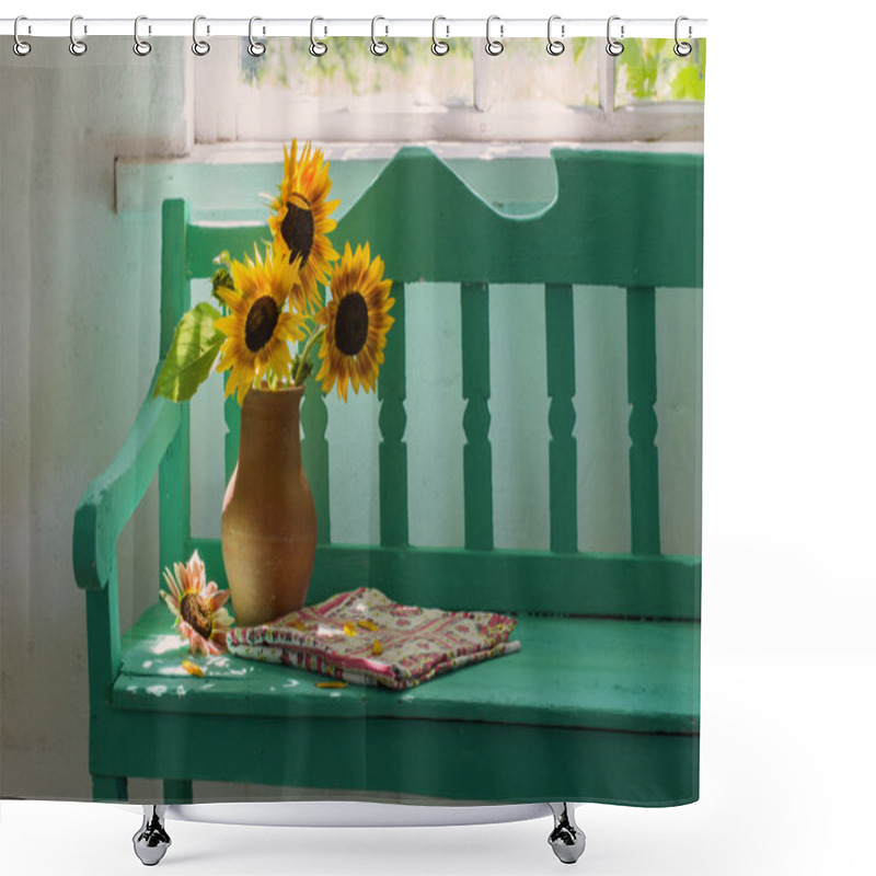 Personality  Sunflowers On Wooden Bench Shower Curtains