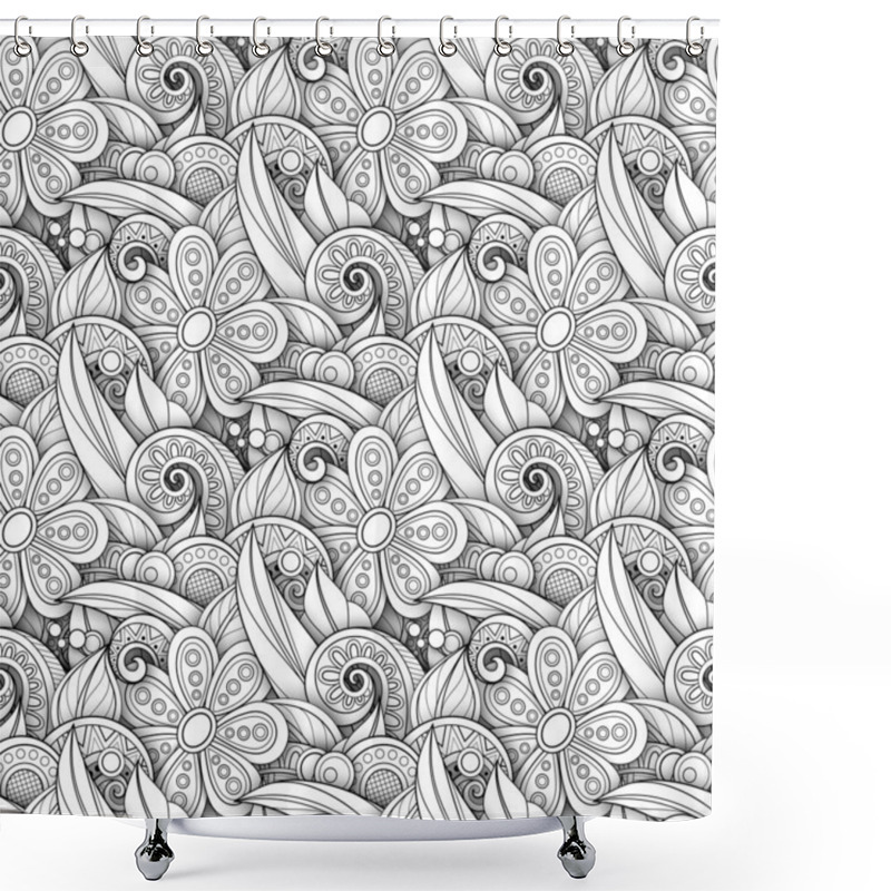 Personality  Monochrome Seamless Pattern With Floral Motifs. Endless Texture With Flowers And Leaves In Doodle Line Style Shower Curtains