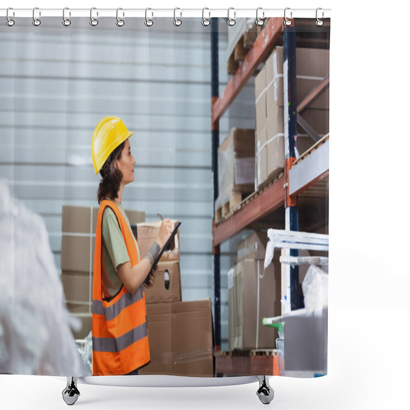 Personality  Side View, Female Warehouse Worker In Hard Hat And Safety Vest Holding Clipboard Checking Inventory Shower Curtains