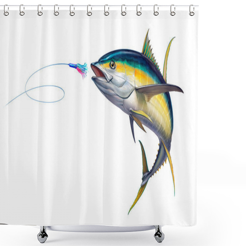 Personality  Yellow Tuna Black Fin Attacks Bait Sea Swim Squids. Realistic Illustration Of Yellow Tuna White Background Isolate. Shower Curtains