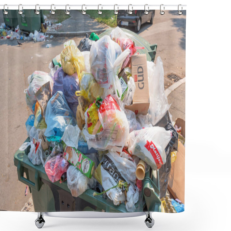 Personality  NOVI SAD, SERBIA - AUGUST 18, 2018: Municipal Solid Waste Or Communal Garbage Is Overflowing Containers In Novi Sad During Weekends, Illustrative Editorial Shower Curtains