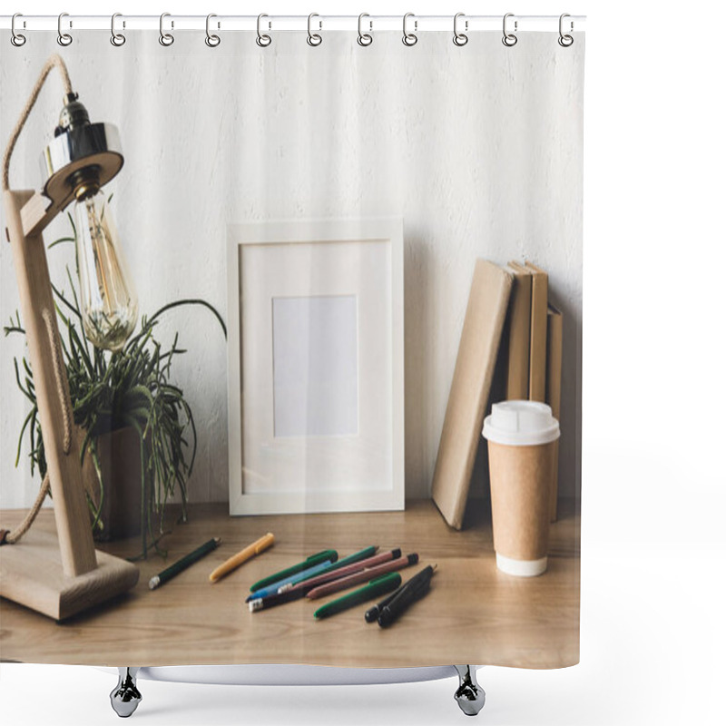 Personality  Photo Frame And Coffee To Go On Table Shower Curtains