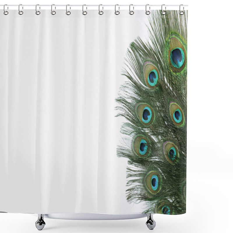 Personality  Beautiful Bright Peacock Feathers On White Background Shower Curtains