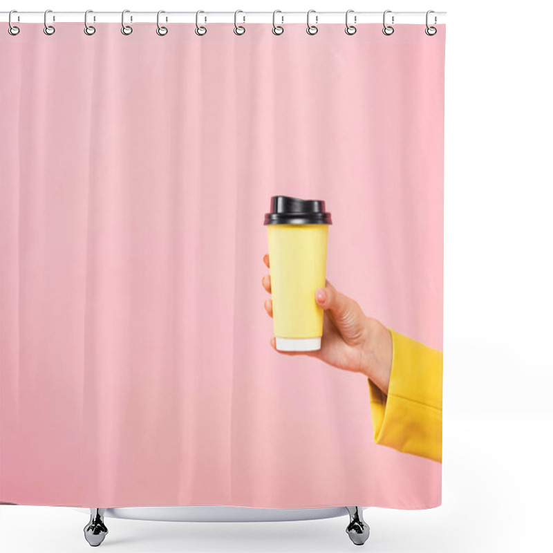 Personality  Cropped View Of Woman Holding Yellow Disposable Cup Of Coffee, Isolated On Pink Shower Curtains